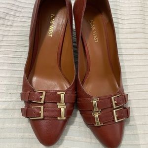 Nine West Cognac Buckle Wedges